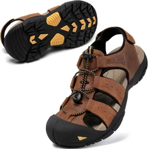 KOIMED Men's Hiking Leather Sandals Closed Toe Water Shoes For Summer Athletic Outdoor Walking Sports Trail River Fishing Wide Adjustable Waterproof Arch Support