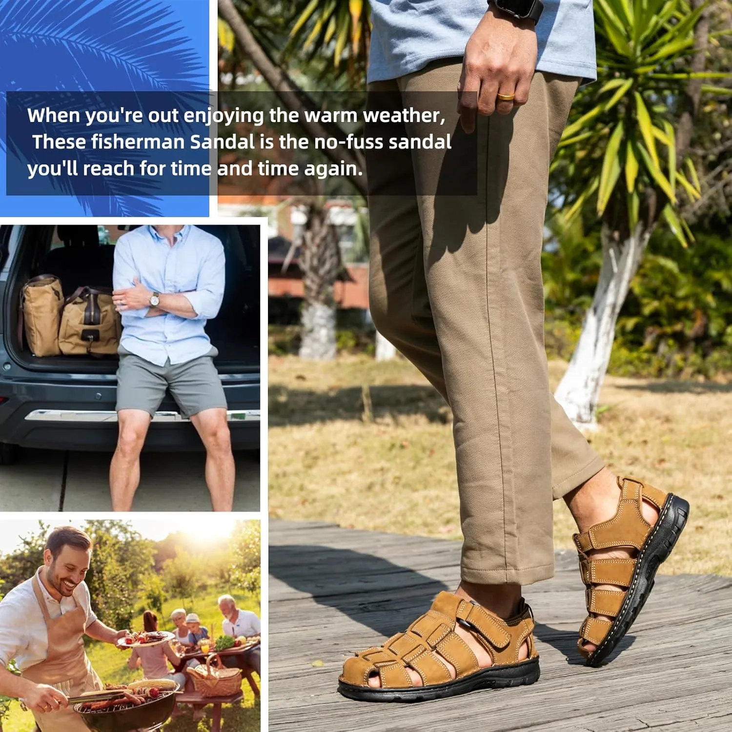 KOIMED Men's Hiking Leather Sandals Closed Toe Water Shoes For Summer Athletic Outdoor Walking Sports Trail River Fishing Wide Adjustable Waterproof Arch Support