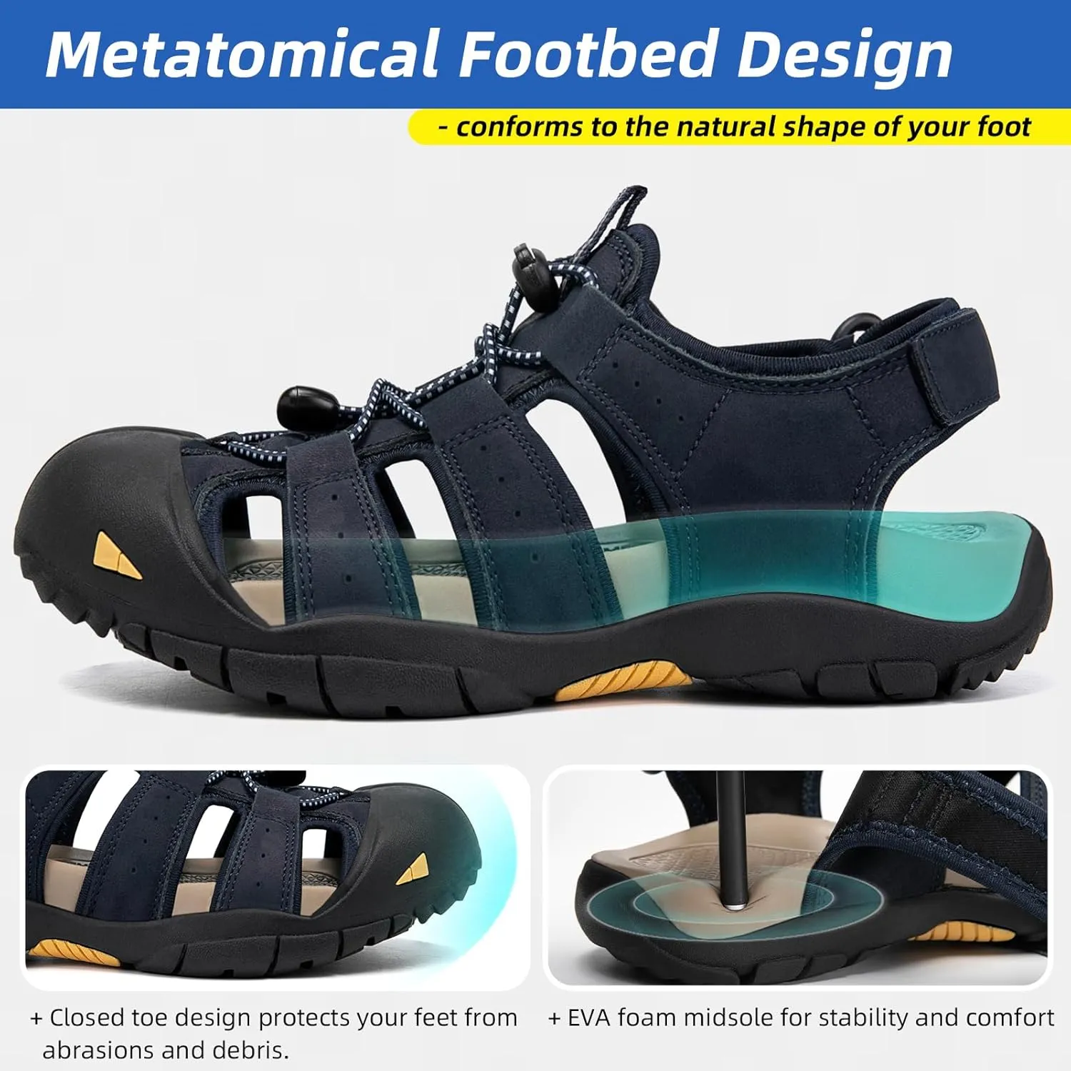 KOIMED Men's Hiking Leather Sandals Closed Toe Water Shoes For Summer Athletic Outdoor Walking Sports Trail River Fishing Wide Adjustable Waterproof Arch Support