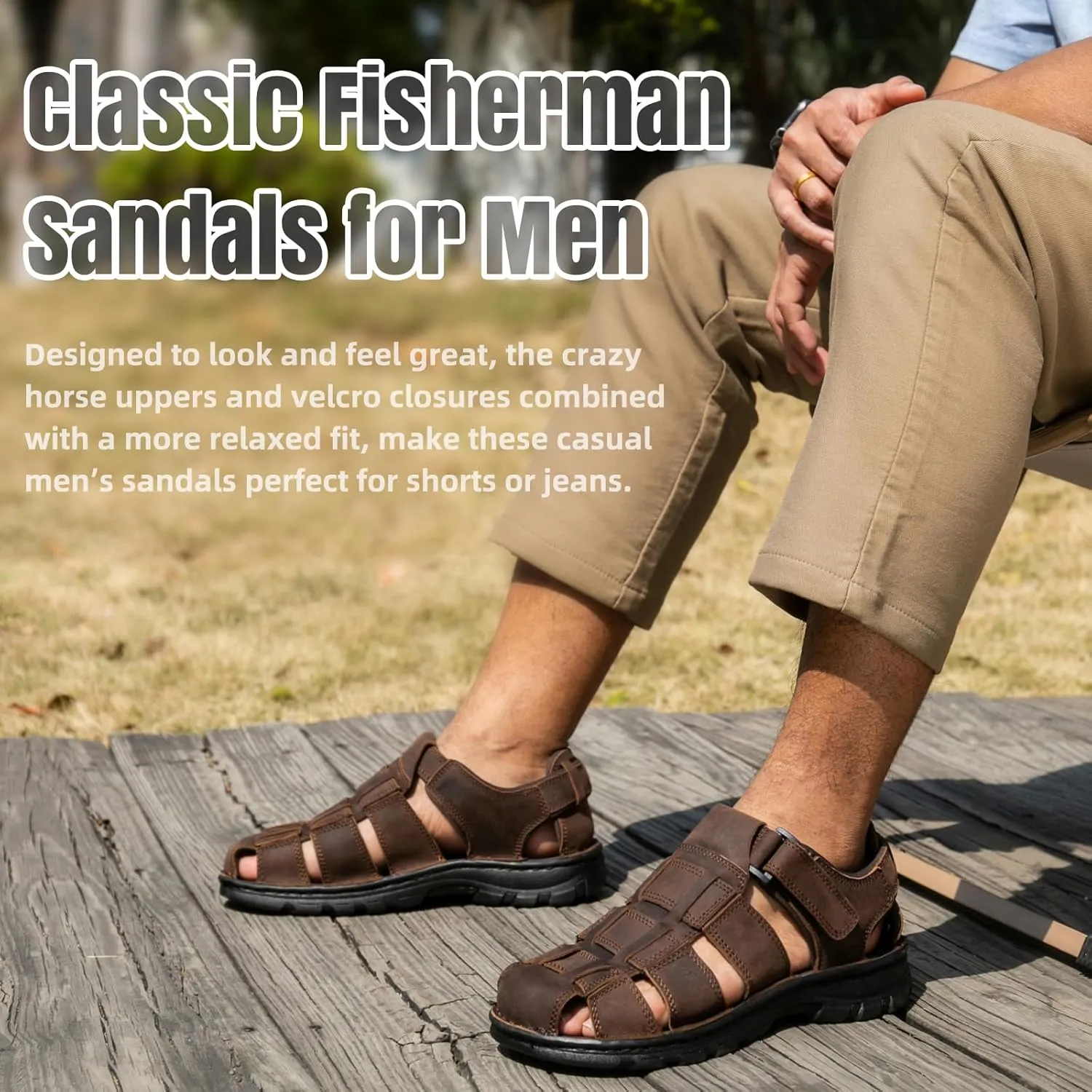 KOIMED Men's Hiking Leather Sandals Closed Toe Water Shoes For Summer Athletic Outdoor Walking Sports Trail River Fishing Wide Adjustable Waterproof Arch Support