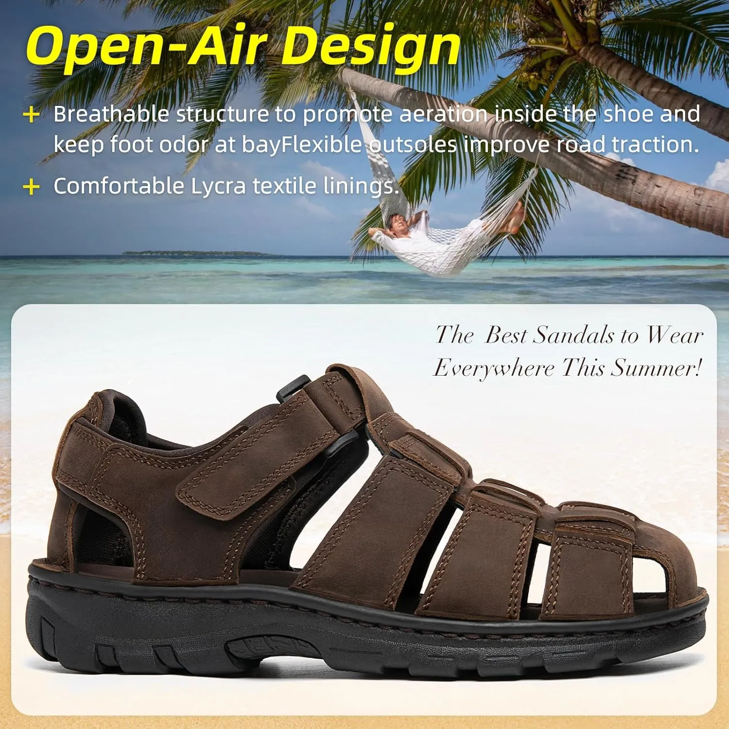 KOIMED Men's Hiking Leather Sandals Closed Toe Water Shoes For Summer Athletic Outdoor Walking Sports Trail River Fishing Wide Adjustable Waterproof Arch Support