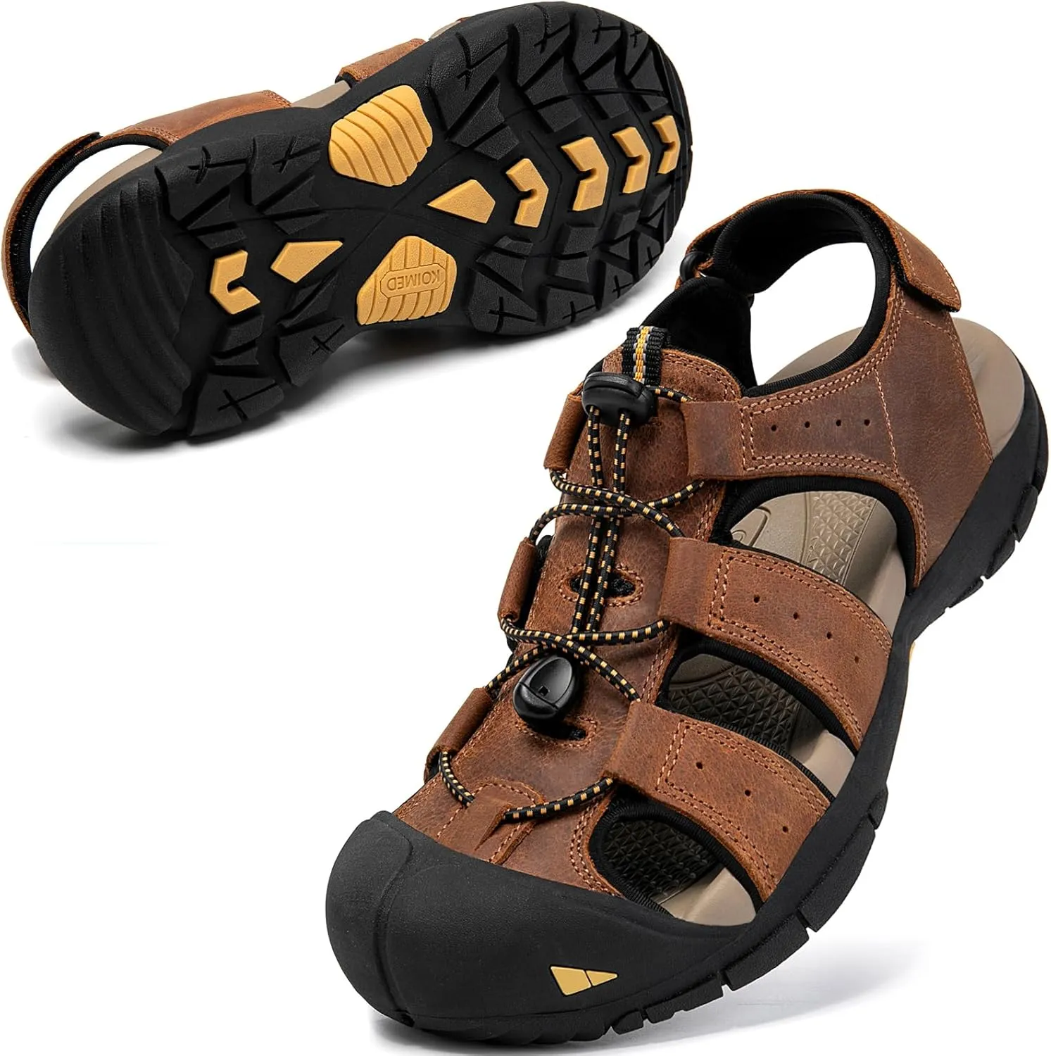 KOIMED Men's Hiking Leather Sandals Closed Toe Water Shoes For Summer Athletic Outdoor Walking Sports Trail River Fishing Wide Adjustable Waterproof Arch Support