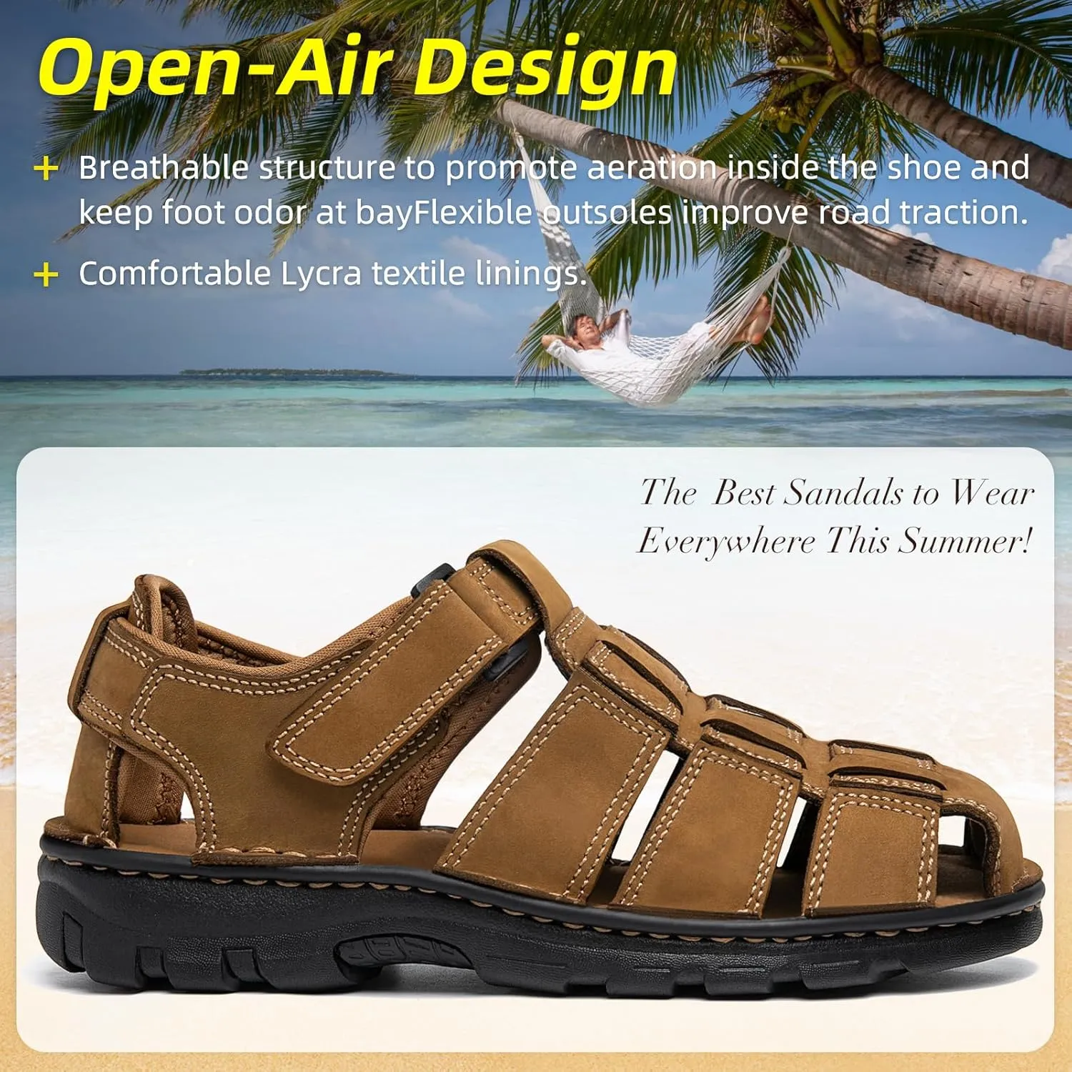 KOIMED Men's Hiking Leather Sandals Closed Toe Water Shoes For Summer Athletic Outdoor Walking Sports Trail River Fishing Wide Adjustable Waterproof Arch Support