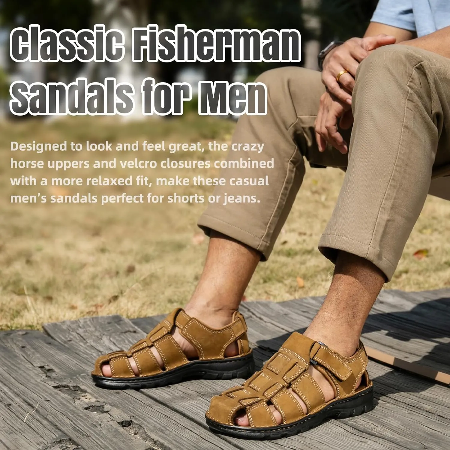 KOIMED Men's Hiking Leather Sandals Closed Toe Water Shoes For Summer Athletic Outdoor Walking Sports Trail River Fishing Wide Adjustable Waterproof Arch Support