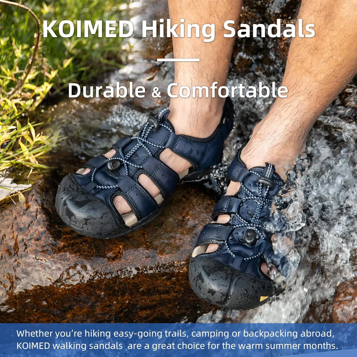 KOIMED Men's Hiking Leather Sandals Closed Toe Water Shoes For Summer Athletic Outdoor Walking Sports Trail River Fishing Wide Adjustable Waterproof Arch Support