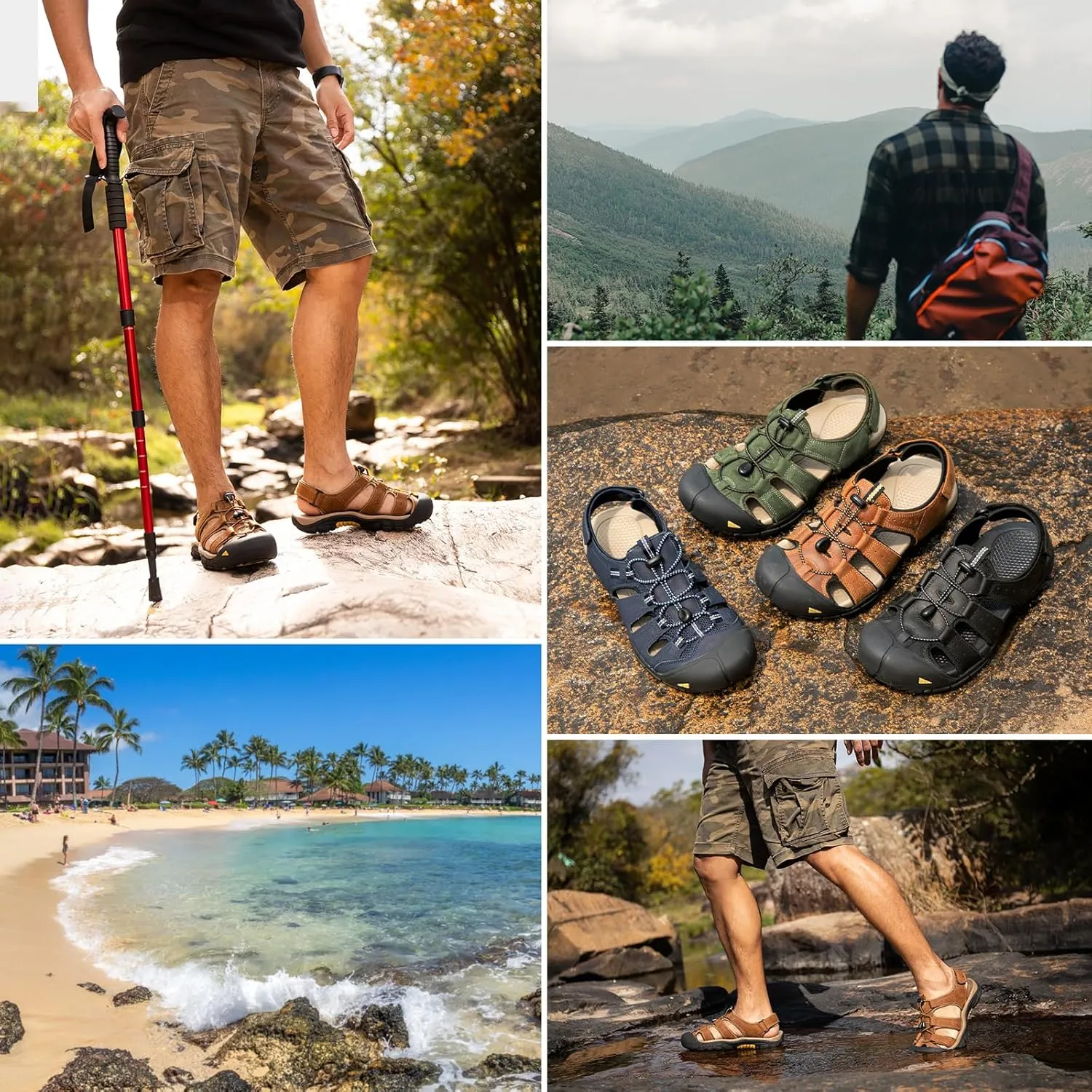 KOIMED Men's Hiking Leather Sandals Closed Toe Water Shoes For Summer Athletic Outdoor Walking Sports Trail River Fishing Wide Adjustable Waterproof Arch Support