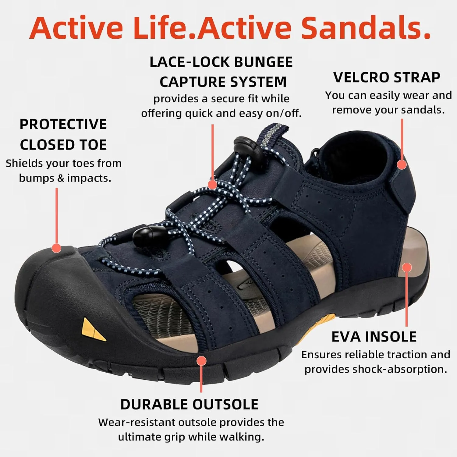 KOIMED Men's Hiking Leather Sandals Closed Toe Water Shoes For Summer Athletic Outdoor Walking Sports Trail River Fishing Wide Adjustable Waterproof Arch Support