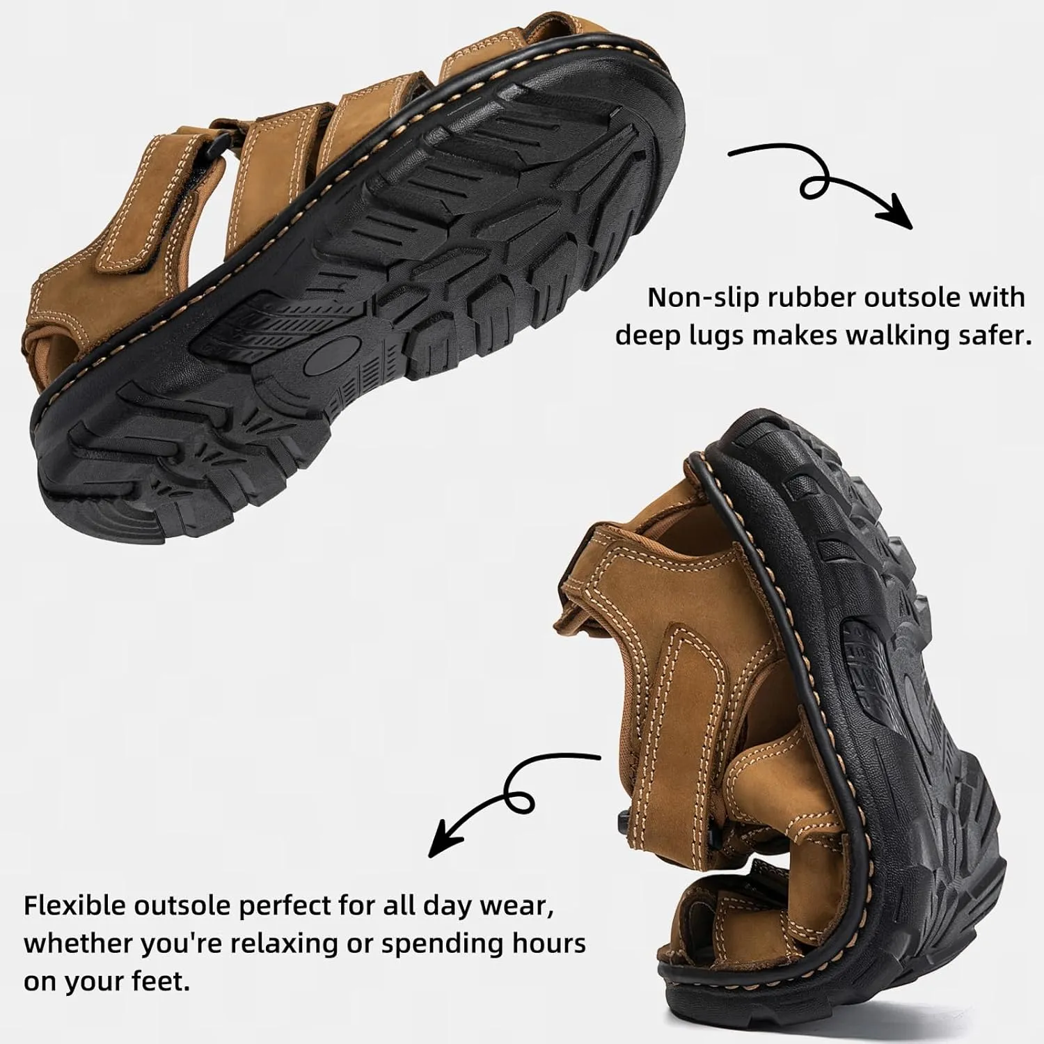 KOIMED Men's Hiking Leather Sandals Closed Toe Water Shoes For Summer Athletic Outdoor Walking Sports Trail River Fishing Wide Adjustable Waterproof Arch Support