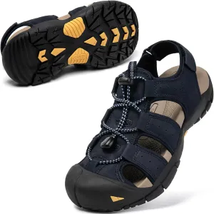 KOIMED Men's Hiking Leather Sandals Closed Toe Water Shoes For Summer Athletic Outdoor Walking Sports Trail River Fishing Wide Adjustable Waterproof Arch Support