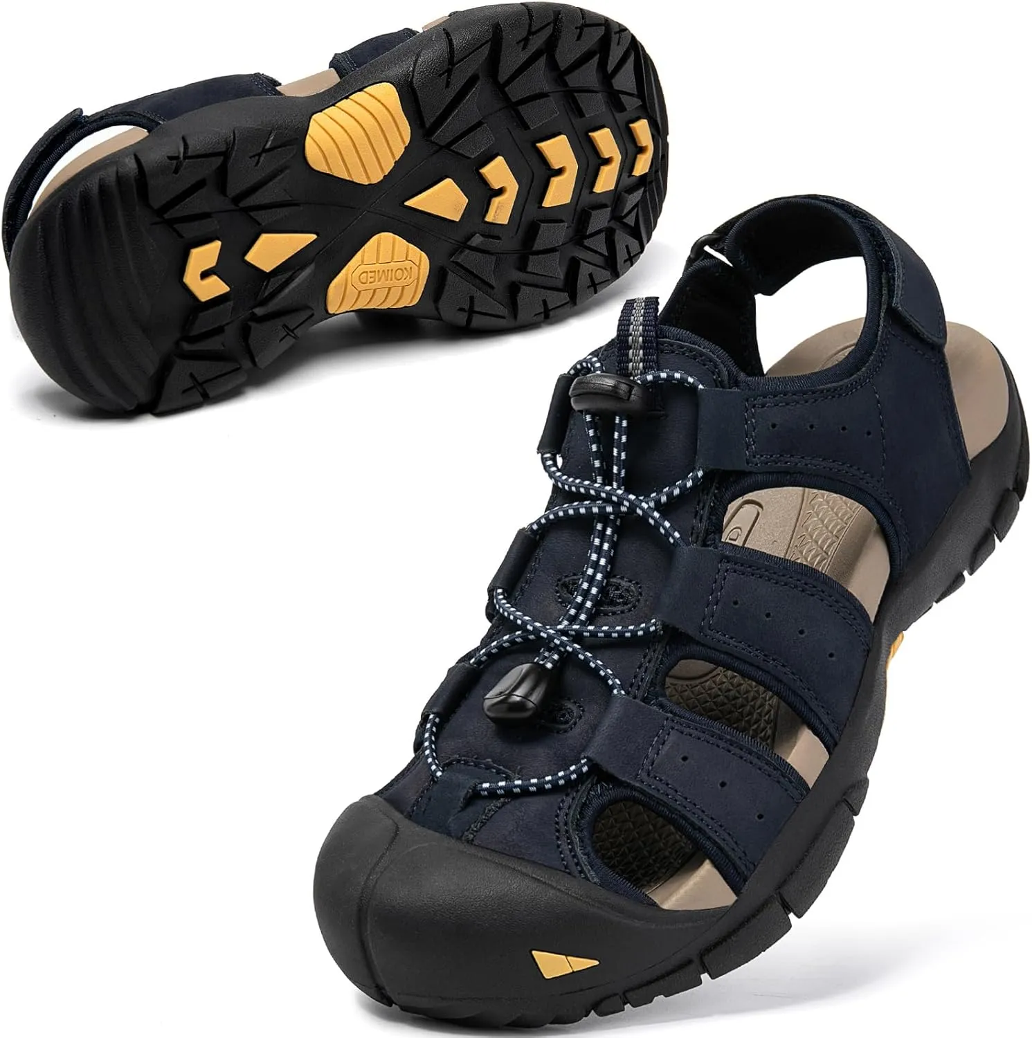 KOIMED Men's Hiking Leather Sandals Closed Toe Water Shoes For Summer Athletic Outdoor Walking Sports Trail River Fishing Wide Adjustable Waterproof Arch Support