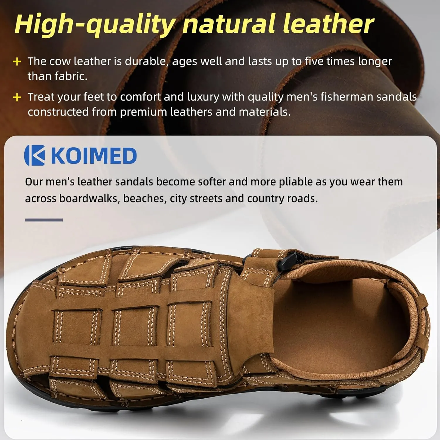 KOIMED Men's Hiking Leather Sandals Closed Toe Water Shoes For Summer Athletic Outdoor Walking Sports Trail River Fishing Wide Adjustable Waterproof Arch Support