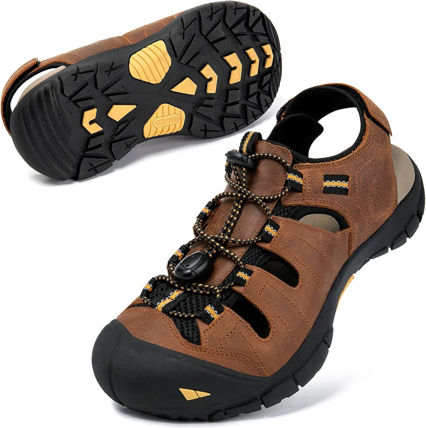 KOIMED Men's Hiking Leather Sandals Closed Toe Water Shoes For Summer Athletic Outdoor Walking Sports Trail River Fishing Wide Adjustable Waterproof Arch Support