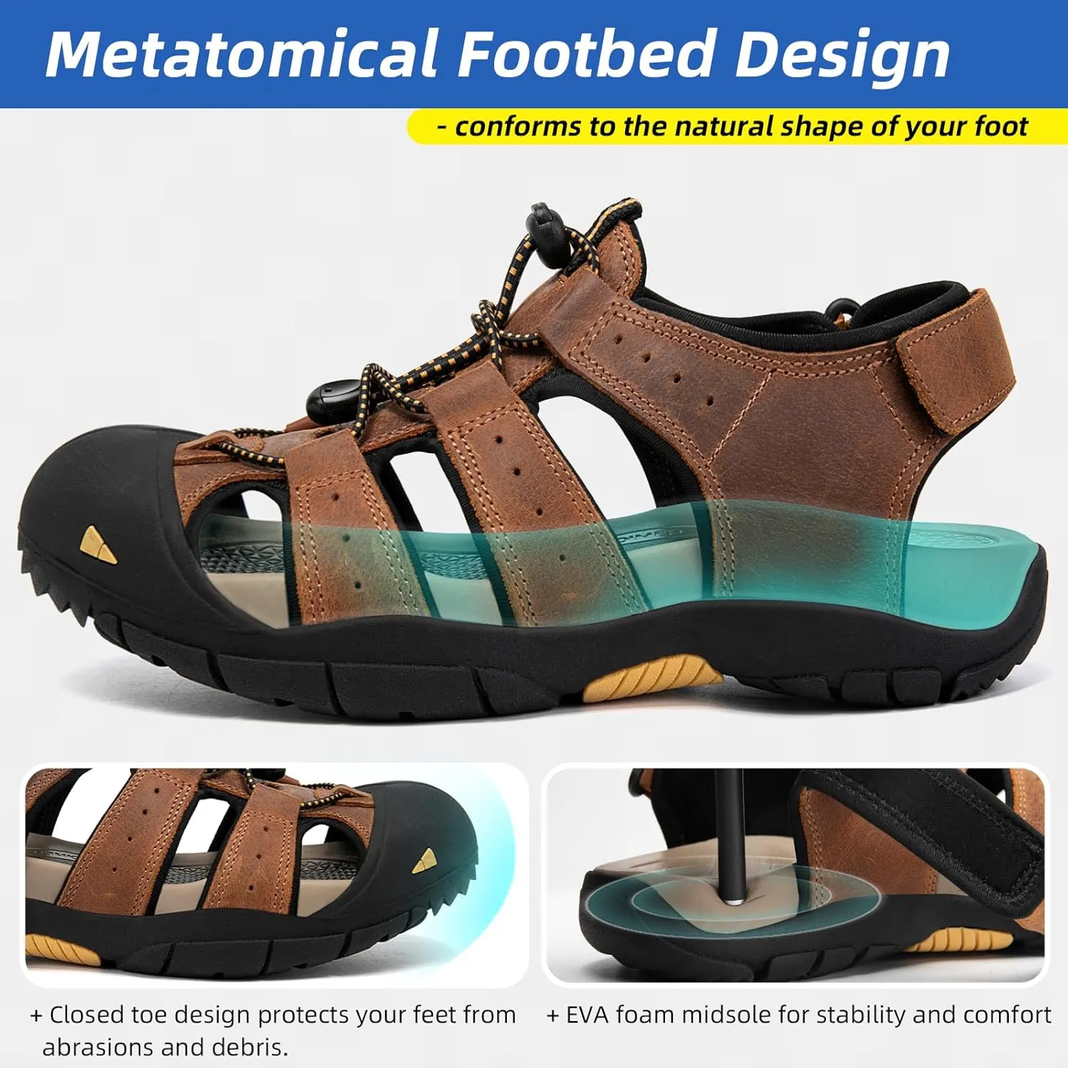 KOIMED Men's Hiking Leather Sandals Closed Toe Water Shoes For Summer Athletic Outdoor Walking Sports Trail River Fishing Wide Adjustable Waterproof Arch Support