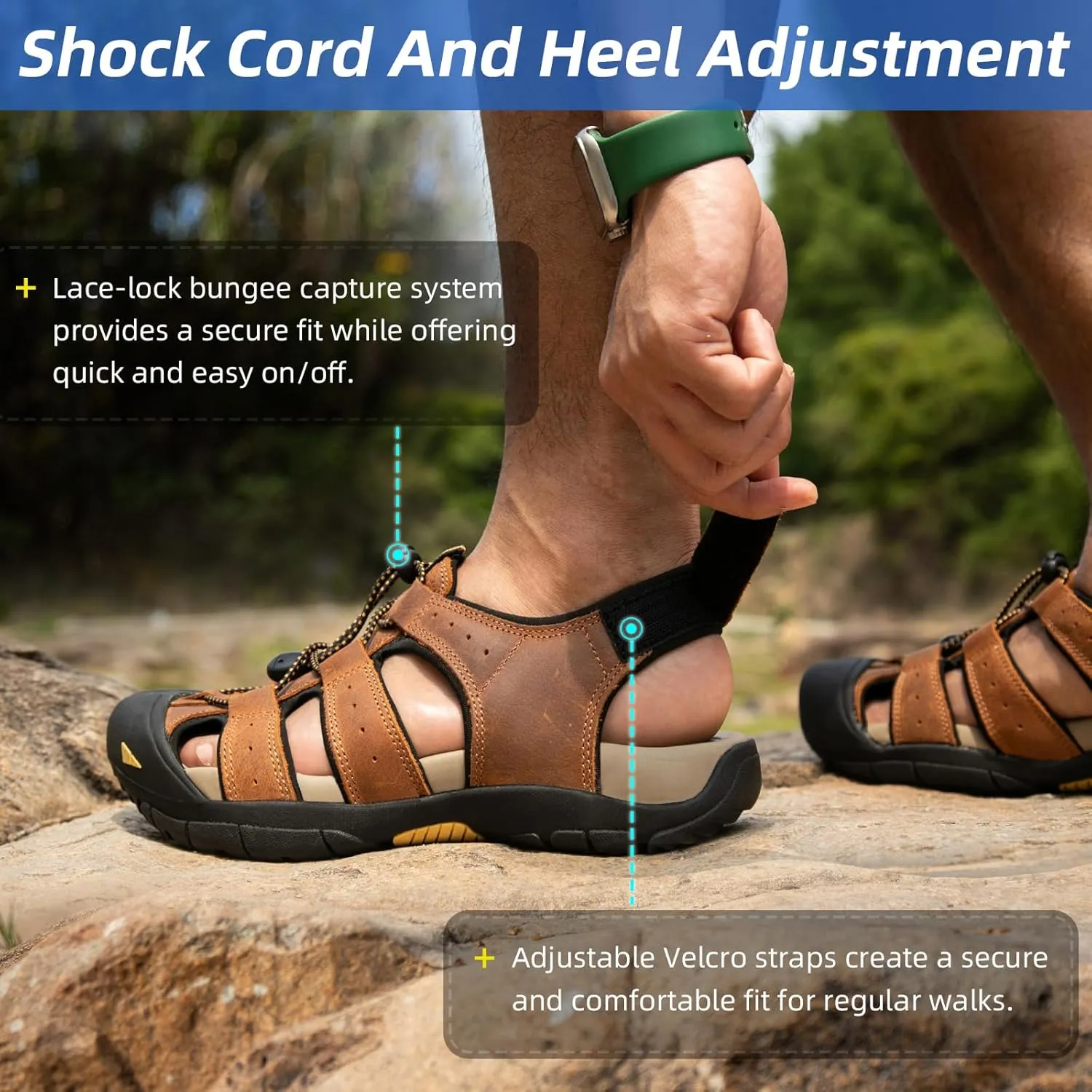 KOIMED Men's Hiking Leather Sandals Closed Toe Water Shoes For Summer Athletic Outdoor Walking Sports Trail River Fishing Wide Adjustable Waterproof Arch Support