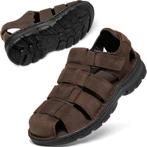 KOIMED Men's Hiking Leather Sandals Closed Toe Water Shoes For Summer Athletic Outdoor Walking Sports Trail River Fishing Wide Adjustable Waterproof Arch Support