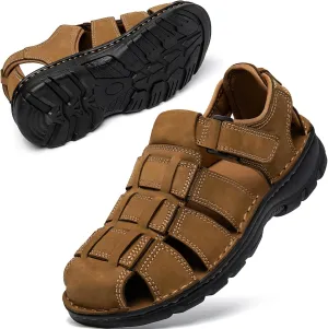 KOIMED Men's Hiking Leather Sandals Closed Toe Water Shoes For Summer Athletic Outdoor Walking Sports Trail River Fishing Wide Adjustable Waterproof Arch Support