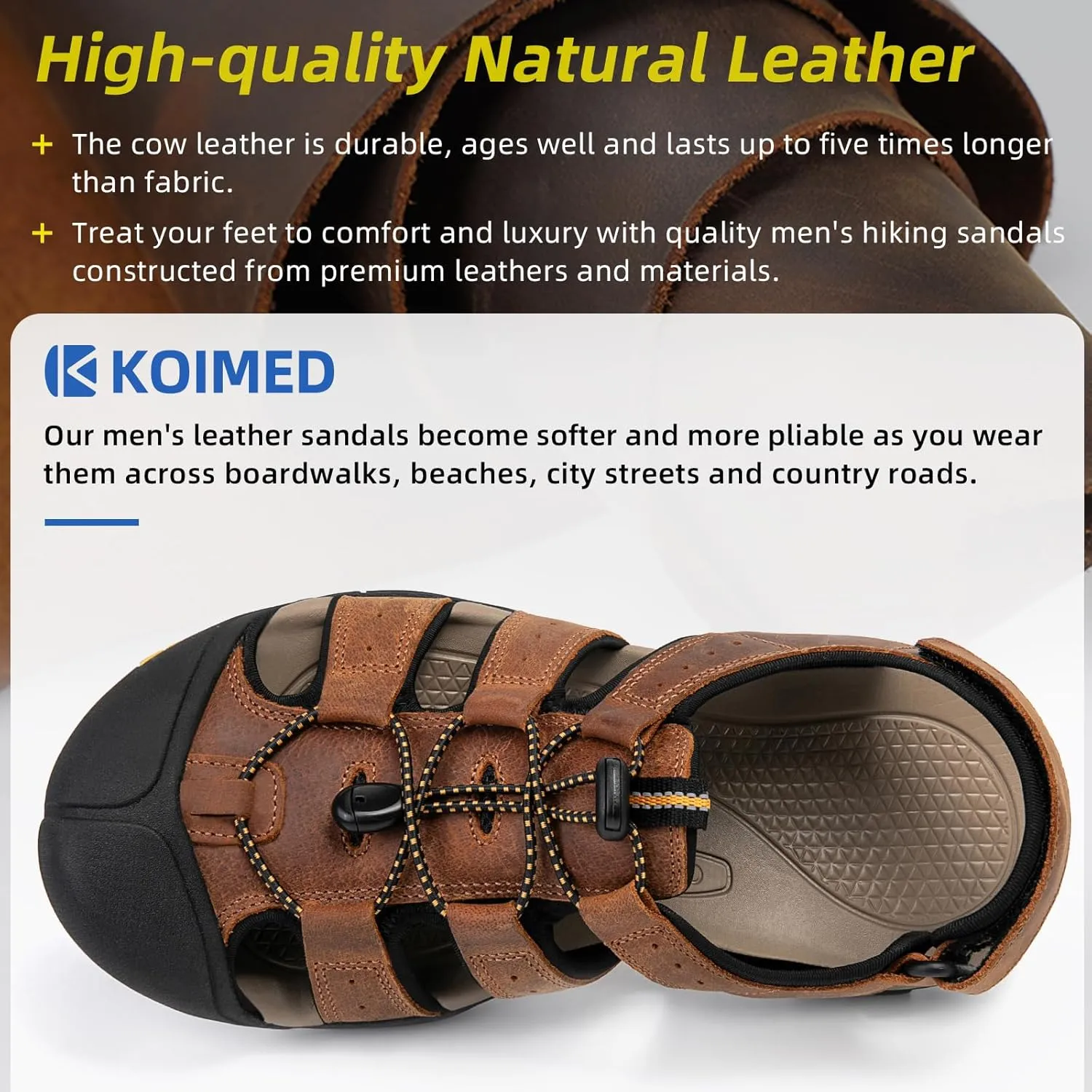 KOIMED Men's Hiking Leather Sandals Closed Toe Water Shoes For Summer Athletic Outdoor Walking Sports Trail River Fishing Wide Adjustable Waterproof Arch Support