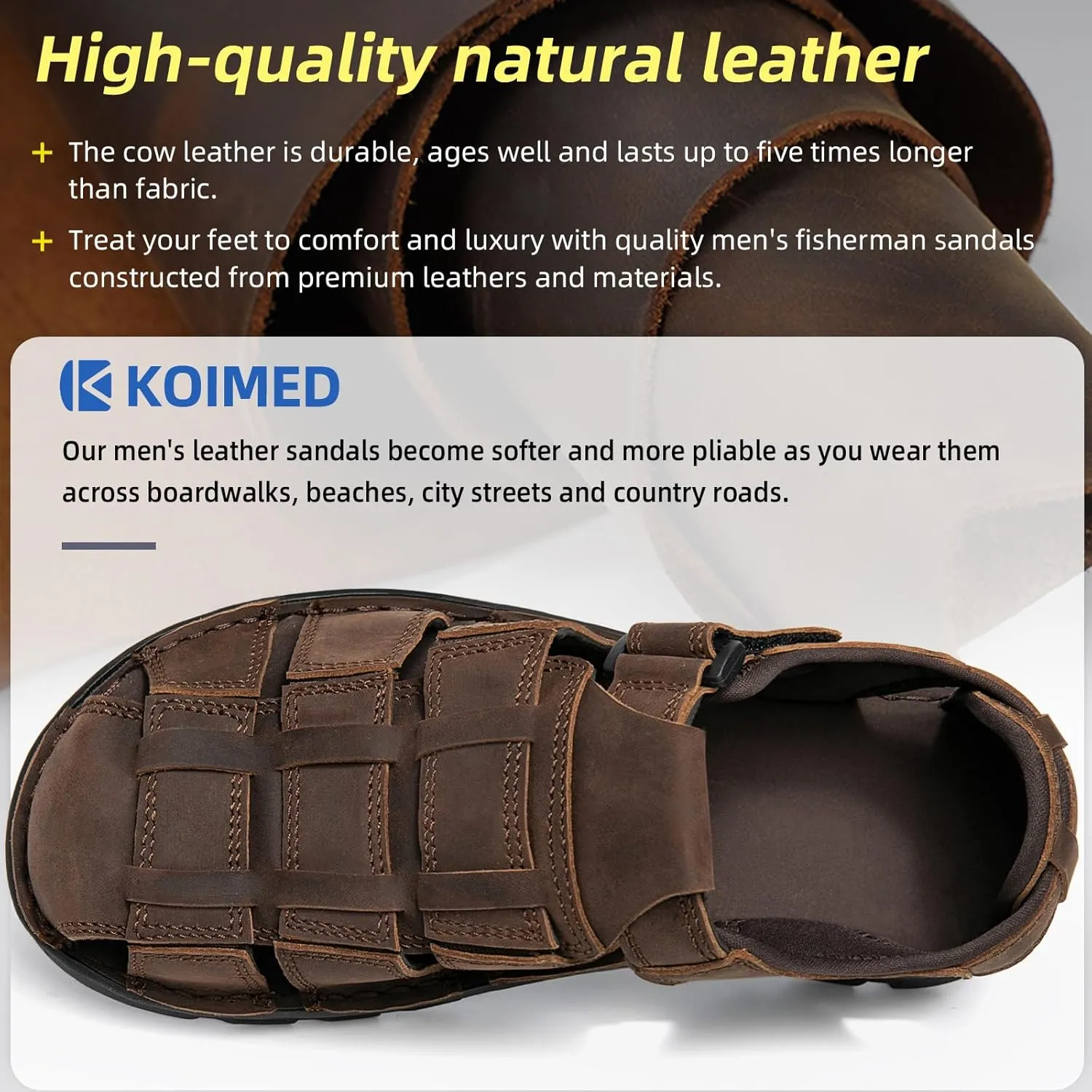 KOIMED Men's Hiking Leather Sandals Closed Toe Water Shoes For Summer Athletic Outdoor Walking Sports Trail River Fishing Wide Adjustable Waterproof Arch Support