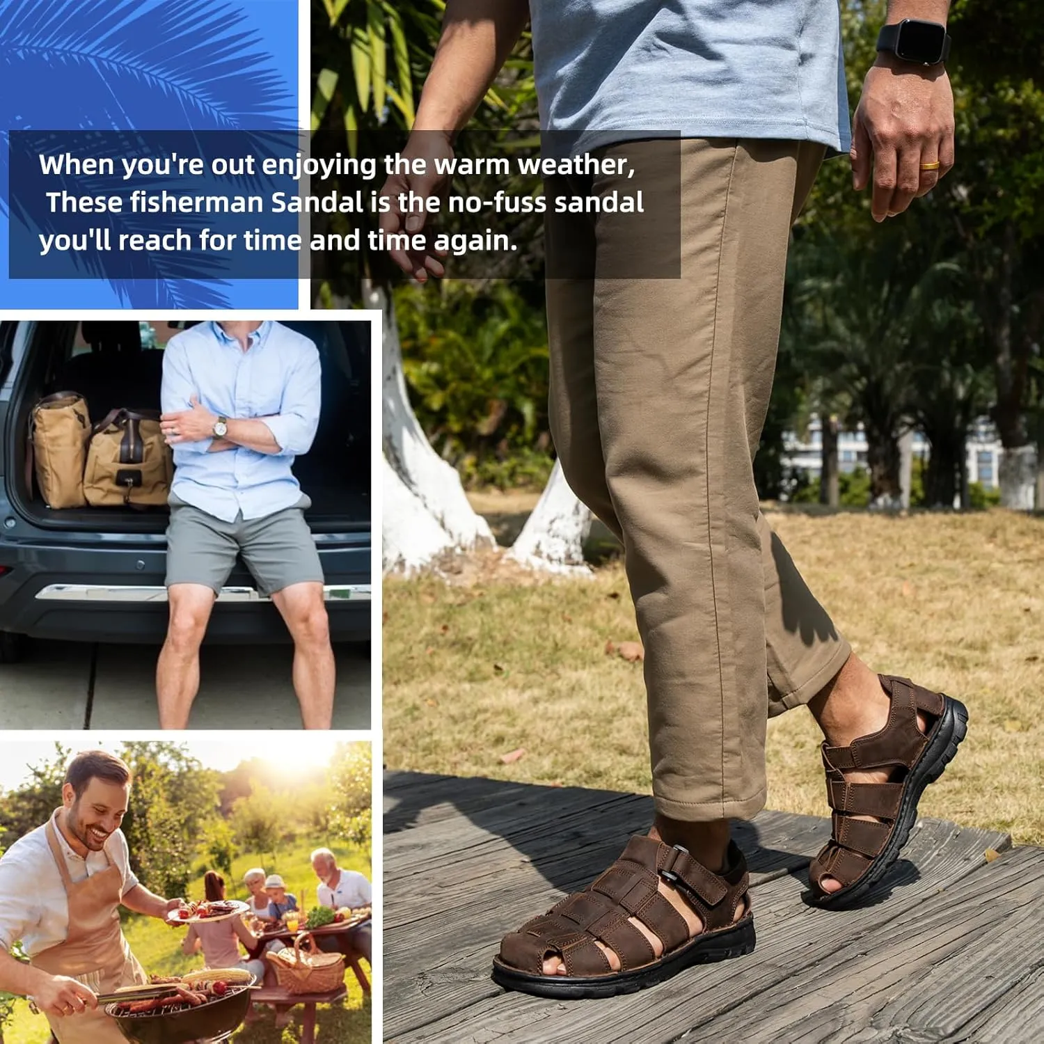 KOIMED Men's Hiking Leather Sandals Closed Toe Water Shoes For Summer Athletic Outdoor Walking Sports Trail River Fishing Wide Adjustable Waterproof Arch Support