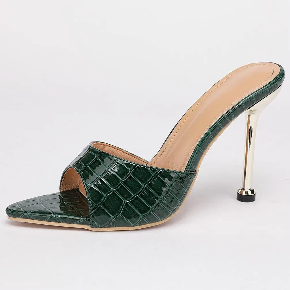 KOKOMOMO Womens Pointed Open Toe Stiletto Mules Slip On High Heel Slides Sandals