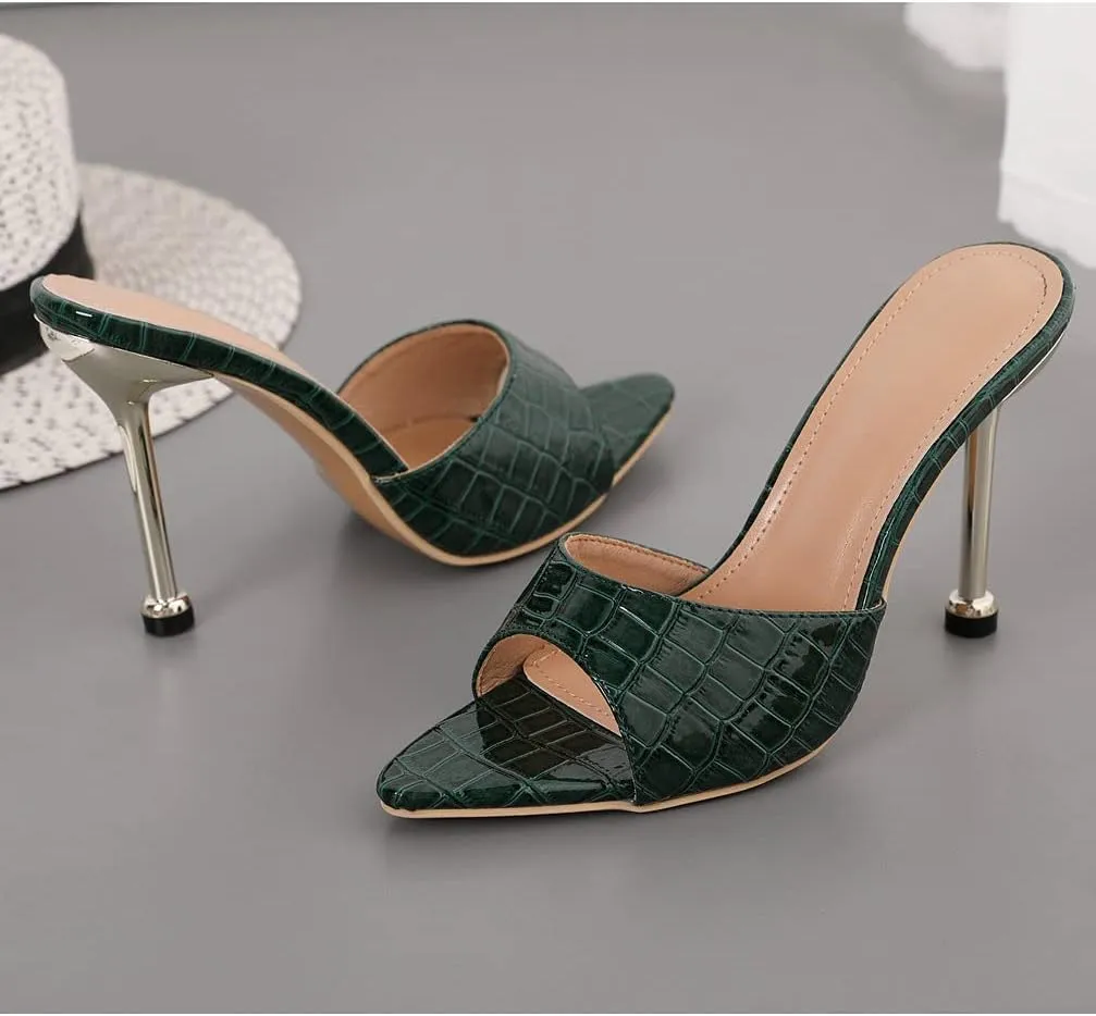 KOKOMOMO Womens Pointed Open Toe Stiletto Mules Slip On High Heel Slides Sandals