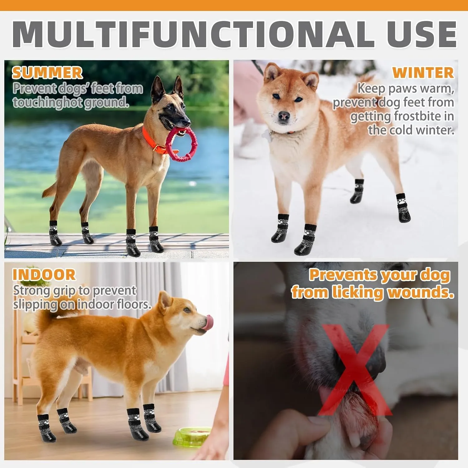 KOOLTAIL Dog Socks to Prevent Licking Paws for Hardwood Floors, Anti Slip Waterproof Dog Boots & Paw Protector Traction Shoes with Toe Grips for Small Medium Large Senior Dogs Black L