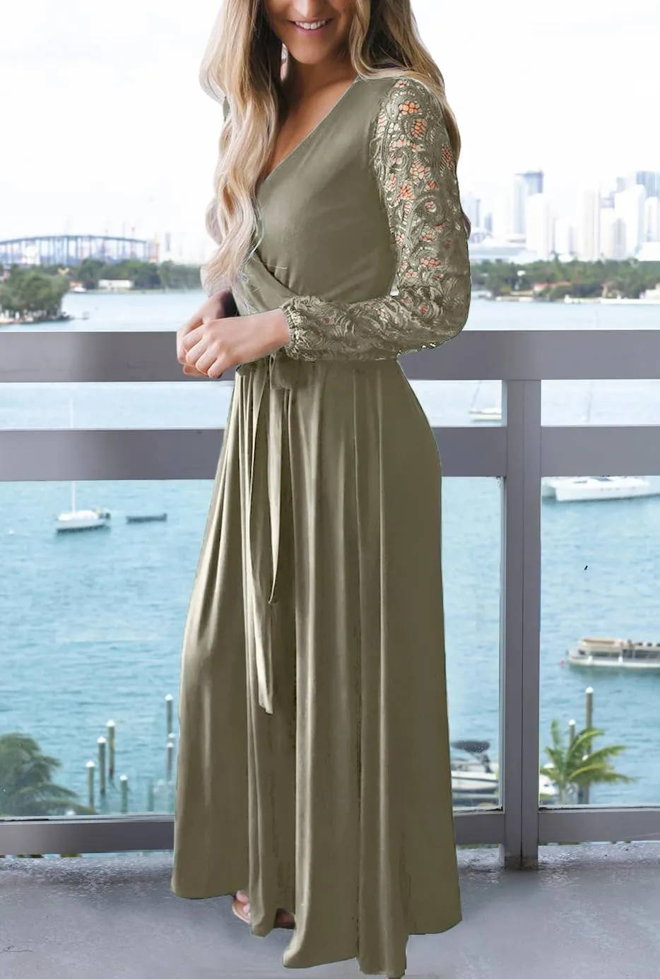 Kranda Womens Vintage Floral Lace Long Sleeve Faux Wrap V Neck Party Long Maxi Dress