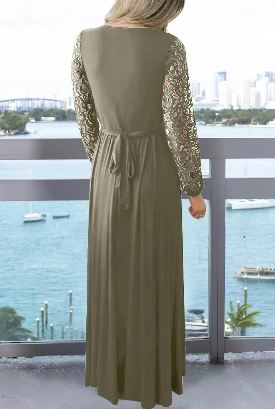 Kranda Womens Vintage Floral Lace Long Sleeve Faux Wrap V Neck Party Long Maxi Dress