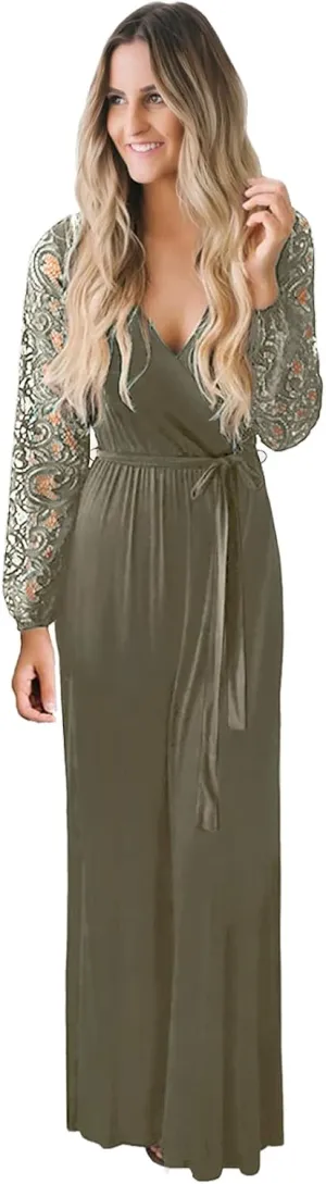 Kranda Womens Vintage Floral Lace Long Sleeve Faux Wrap V Neck Party Long Maxi Dress