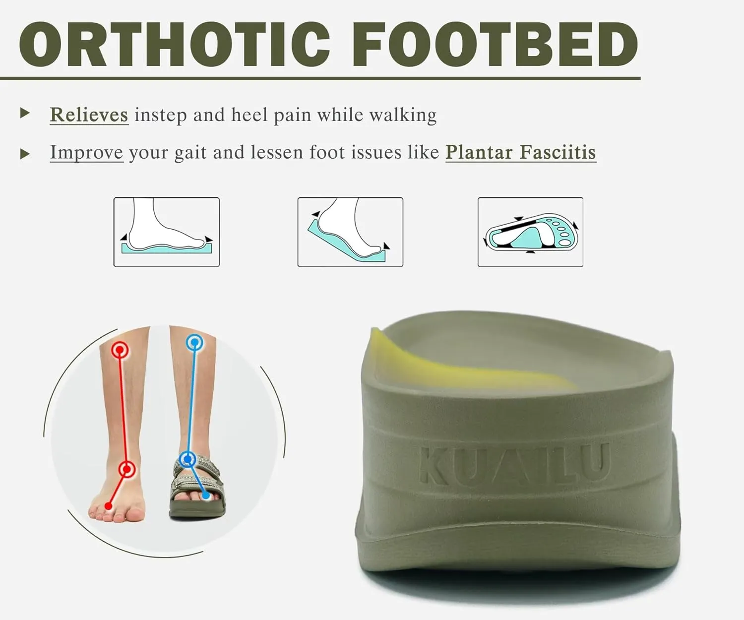 KuaiLu Mens Casual Sandals with Comfortable Orthopedic Arch Support Summer Beach Walking Shoes Cushion Slides Slip on Indoor Outdoor