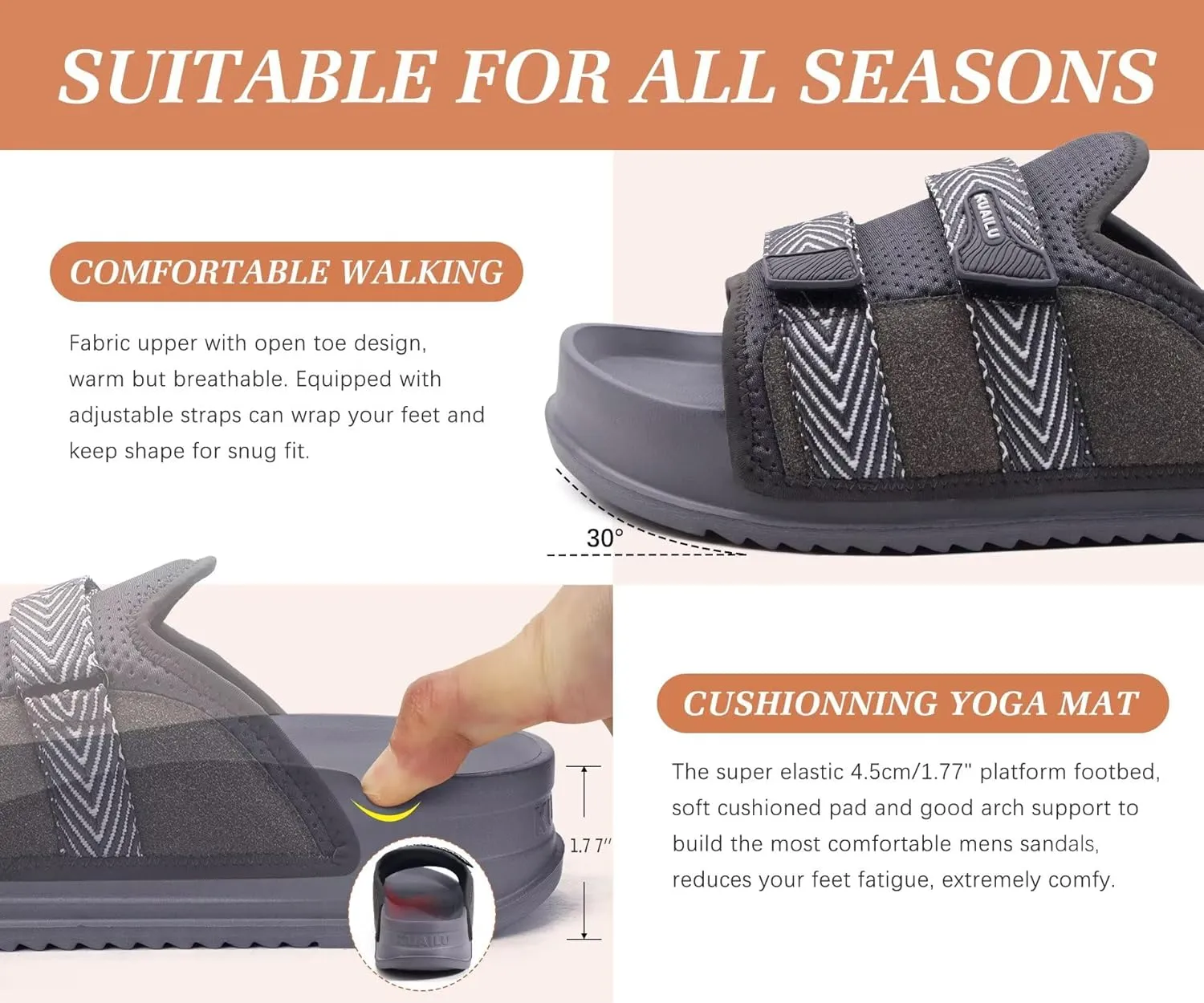 KuaiLu Mens Orthotic Sandals Comfortable Arch Support Fabric Sandal Slippers Shoes Man Casual Summer Cushion Slides Slip On Indoor Outdoor - Ultra-soft Comfort Fit Footbed