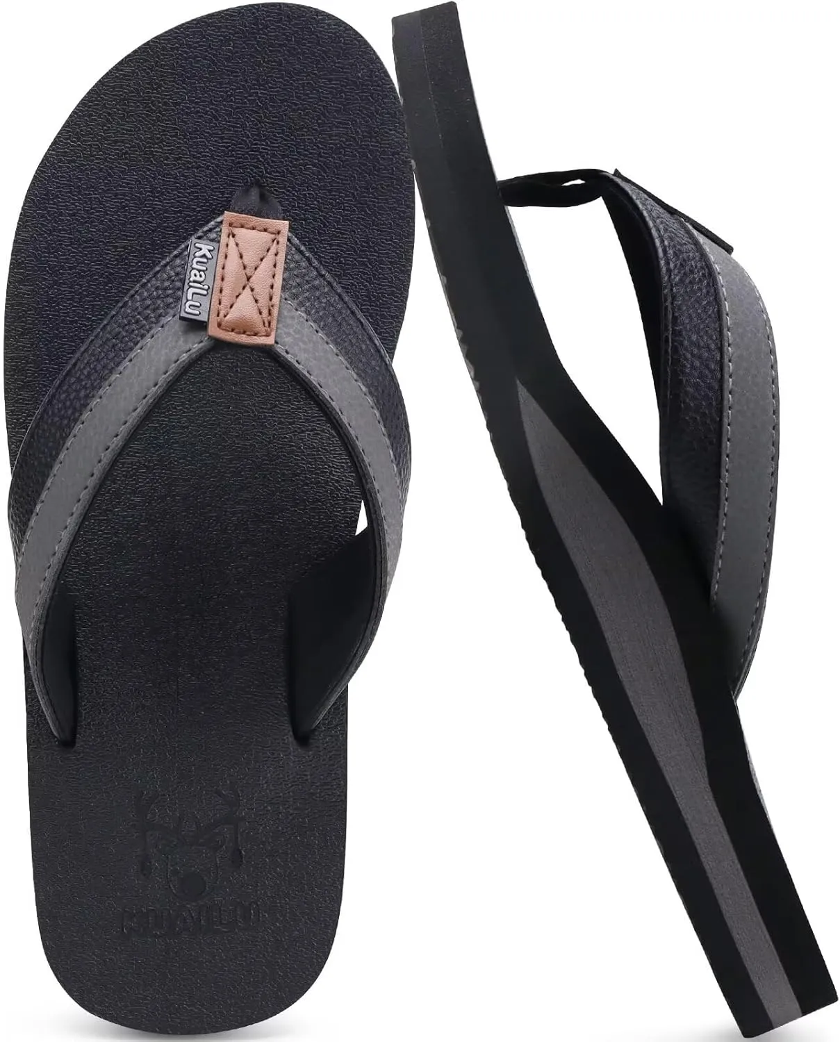 KuaiLu Men's Yoga Mat Leather Flip Flops with Arch Support Comfortable Cushion Walking Thong Sandals Slip On Indoor Outdoor