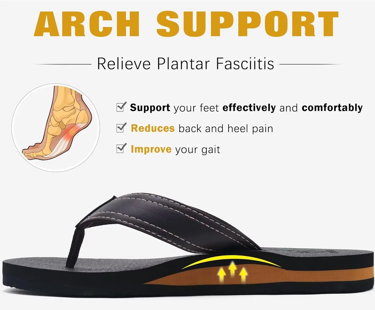 KuaiLu Men's Yoga Mat Leather Flip Flops with Arch Support Comfortable Cushion Walking Thong Sandals Slip On Indoor Outdoor