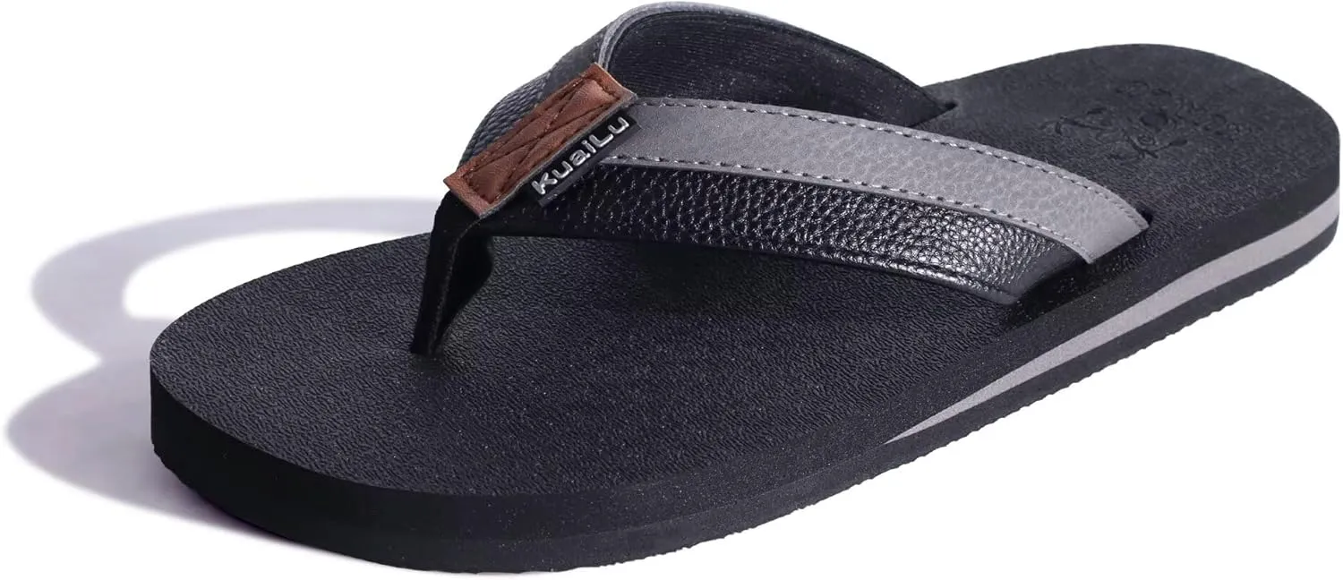 KuaiLu Men's Yoga Mat Leather Flip Flops with Arch Support Comfortable Cushion Walking Thong Sandals Slip On Indoor Outdoor