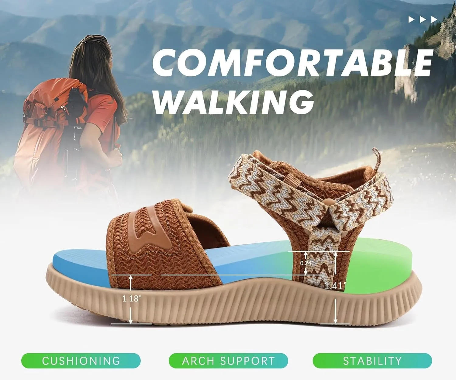 KuaiLu Womens Orthopedic Walking Sandals Ladies Recovery Sport Thick Athletic Cushion Outdoor Hiking Water Sandles Adjustable Strap Sandals with Comfortable Plantar Fasciitis Arch Support