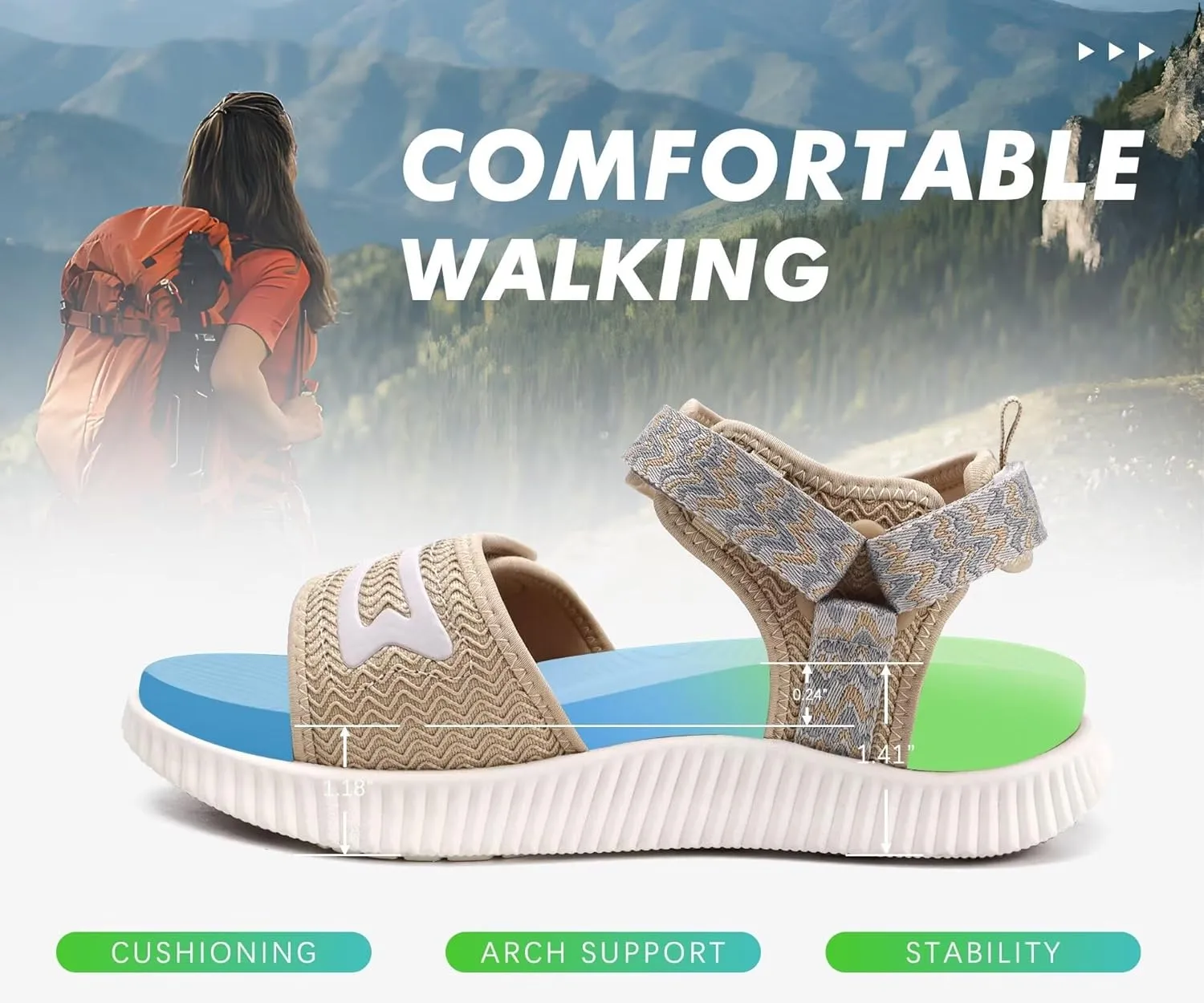 KuaiLu Womens Orthopedic Walking Sandals Ladies Recovery Sport Thick Athletic Cushion Outdoor Hiking Water Sandles Adjustable Strap Sandals with Comfortable Plantar Fasciitis Arch Support