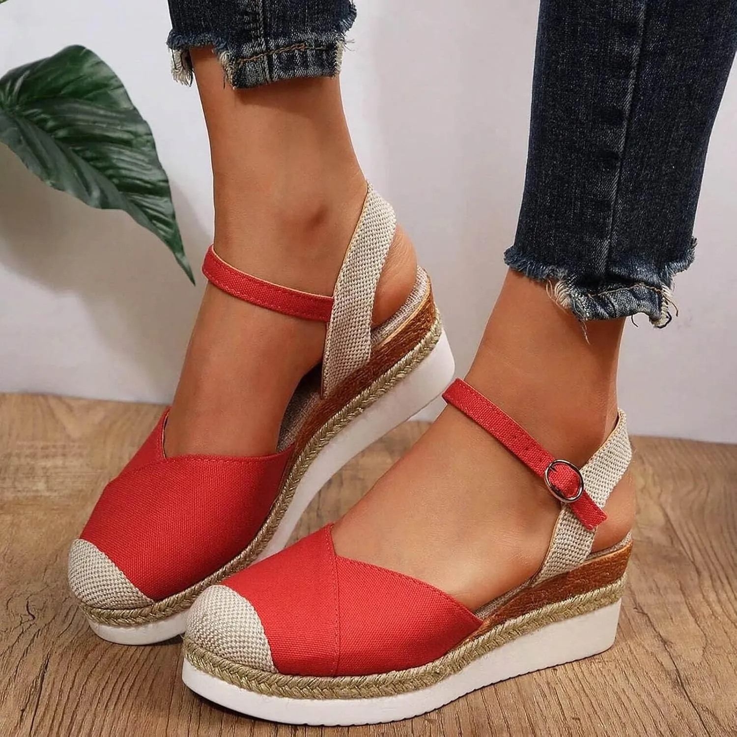 Kubbon Wedge Sandals for Women Comfortable Close Toe Ankle Strap Espadrilles Platform Heel Non Slip Orthopedic Sandals Casual Outdoor Beach Shoes