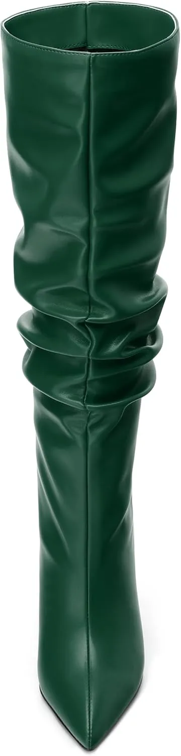 KUOARN Knee High Boots Women Stiletto High Heels Pointed Toe Wide Calf Boots for Women Comfortable Fashion Slouchy Tall Boots Pull on Dating Prom Party Dress Boots