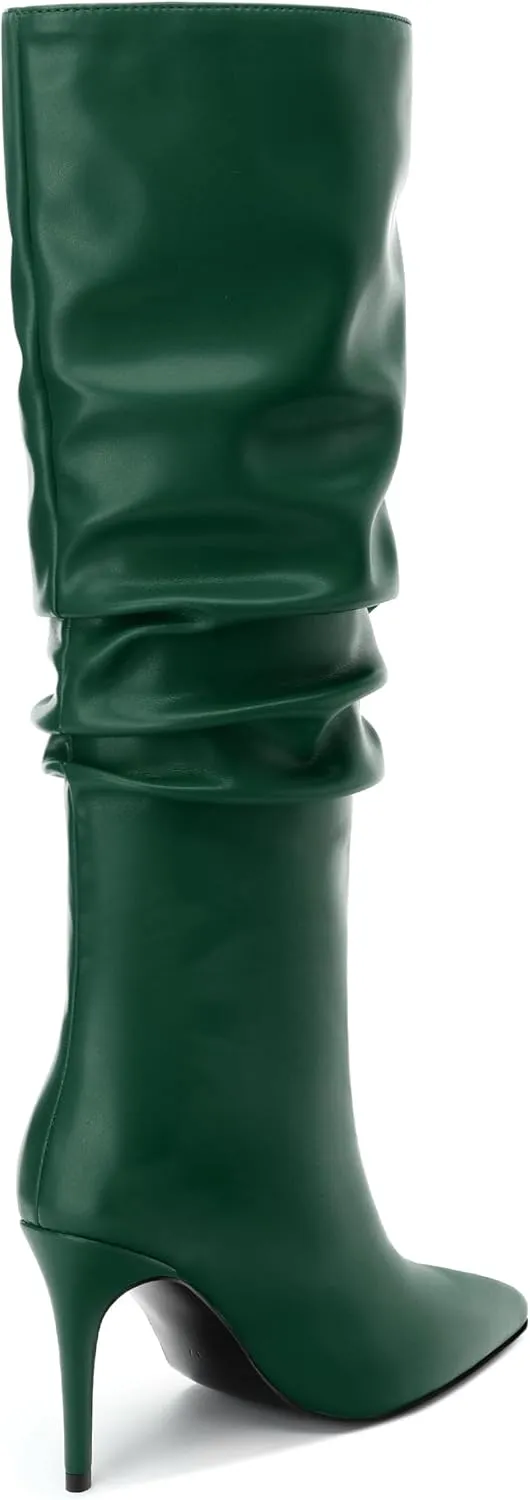 KUOARN Knee High Boots Women Stiletto High Heels Pointed Toe Wide Calf Boots for Women Comfortable Fashion Slouchy Tall Boots Pull on Dating Prom Party Dress Boots