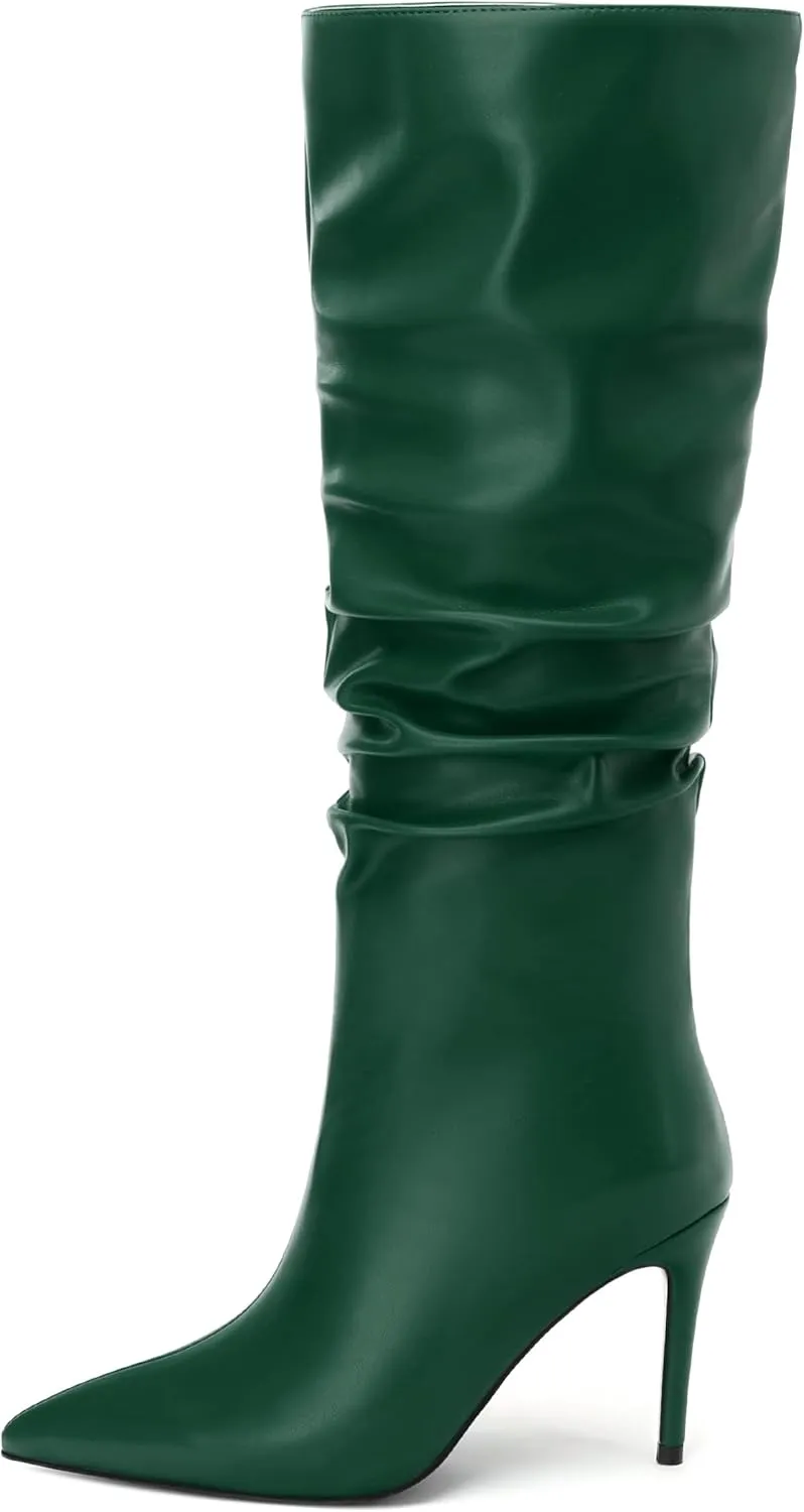 KUOARN Knee High Boots Women Stiletto High Heels Pointed Toe Wide Calf Boots for Women Comfortable Fashion Slouchy Tall Boots Pull on Dating Prom Party Dress Boots