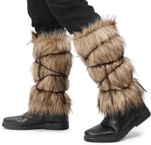 KUOIN Medieval Faux Fur Leg Warmer, Eskimo Leg Wraps Boots Covers with Strap (Brown)
