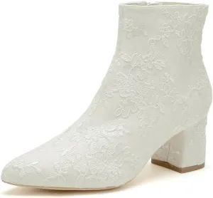 Lace Wedding Boots for Bride Block Heel Bridal Ankle Booties Wedding Heels Bride Shoes