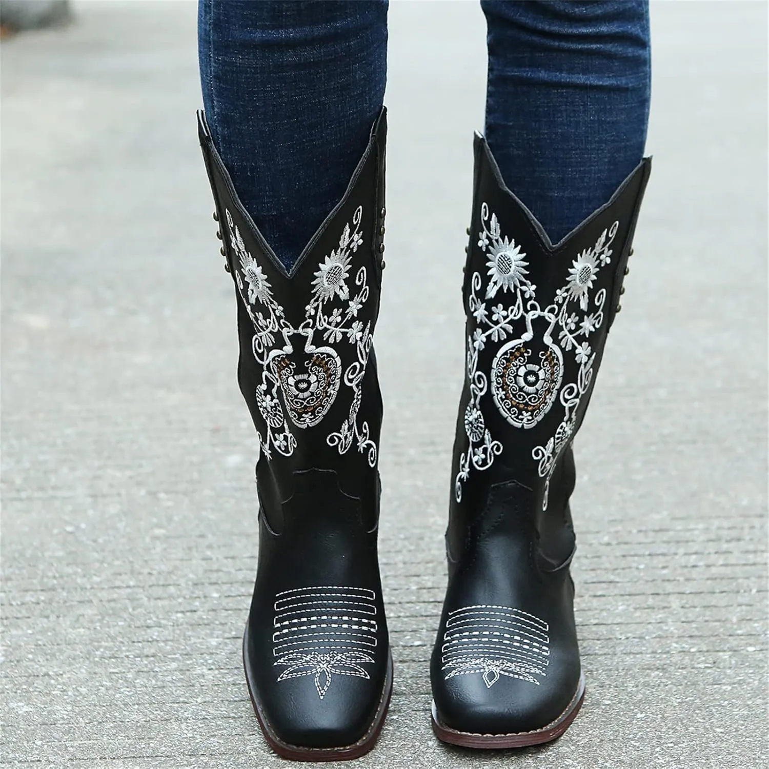 Ladmiple Cowboy Boots For Women Mid Calf Wide Width Pointed Toe Chunky Heel Cowgirl Embroidered Western Knee High Boots