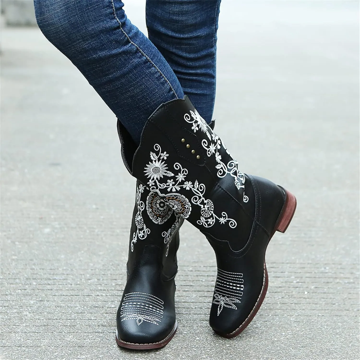 Ladmiple Cowboy Boots For Women Mid Calf Wide Width Pointed Toe Chunky Heel Cowgirl Embroidered Western Knee High Boots