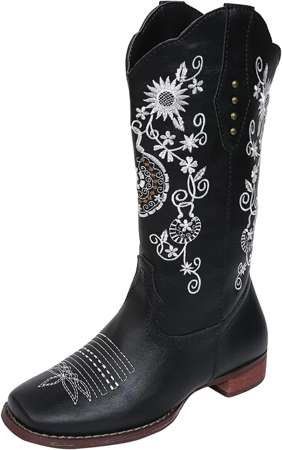 Ladmiple Cowboy Boots For Women Mid Calf Wide Width Pointed Toe Chunky Heel Cowgirl Embroidered Western Knee High Boots