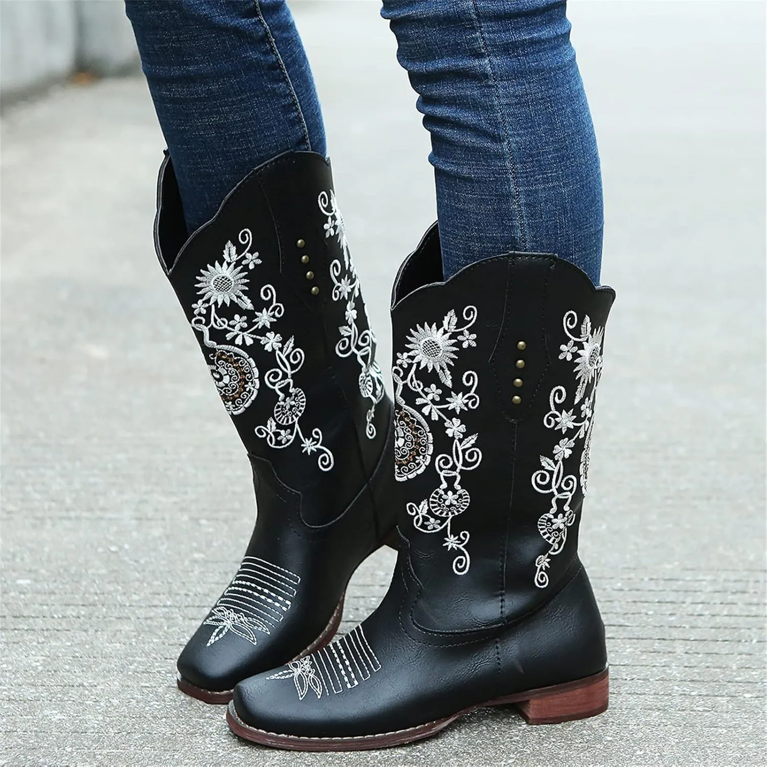 Ladmiple Cowboy Boots For Women Mid Calf Wide Width Pointed Toe Chunky Heel Cowgirl Embroidered Western Knee High Boots