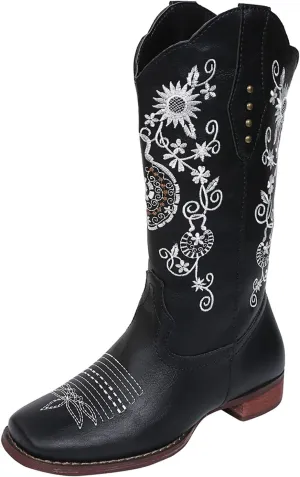 Ladmiple Cowboy Boots For Women Mid Calf Wide Width Pointed Toe Chunky Heel Cowgirl Embroidered Western Knee High Boots