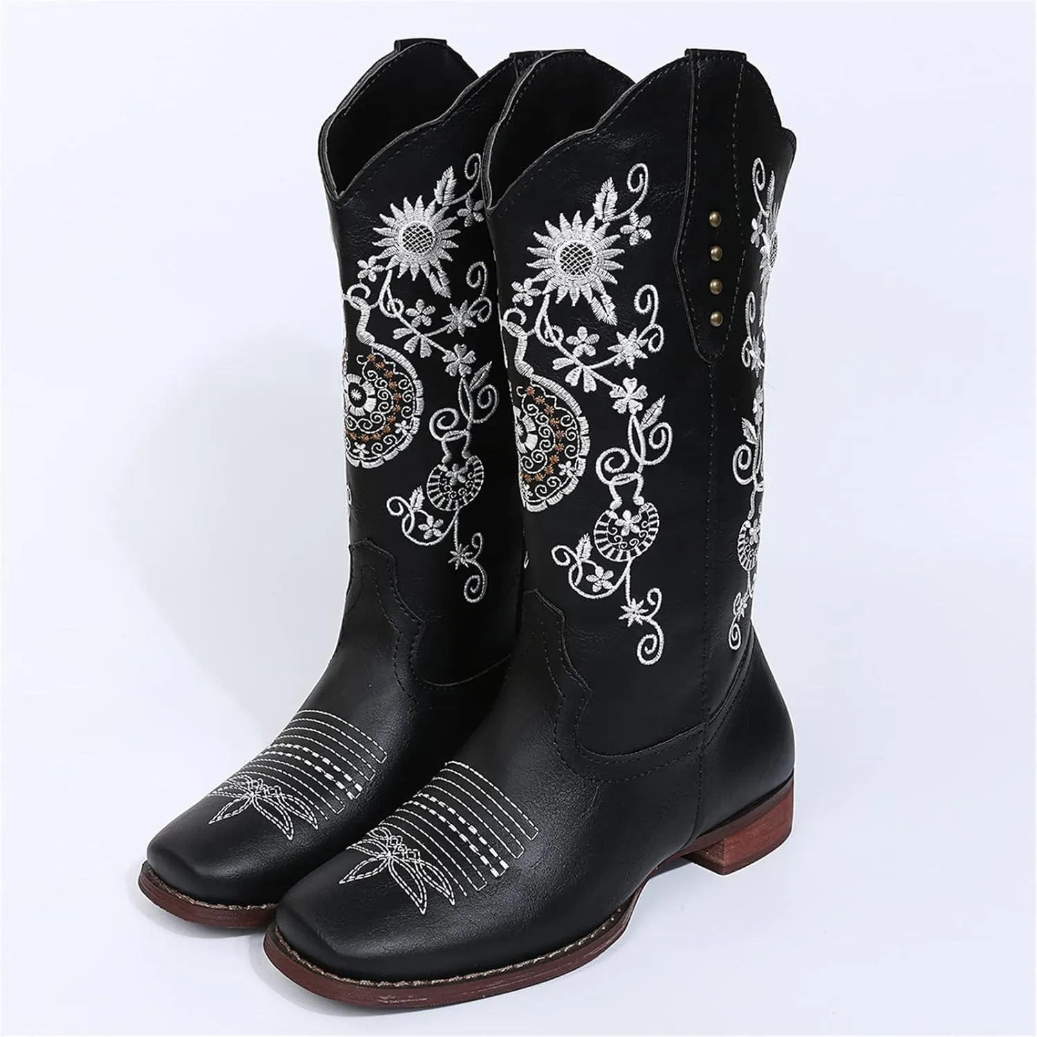 Ladmiple Cowboy Boots For Women Mid Calf Wide Width Pointed Toe Chunky Heel Cowgirl Embroidered Western Knee High Boots