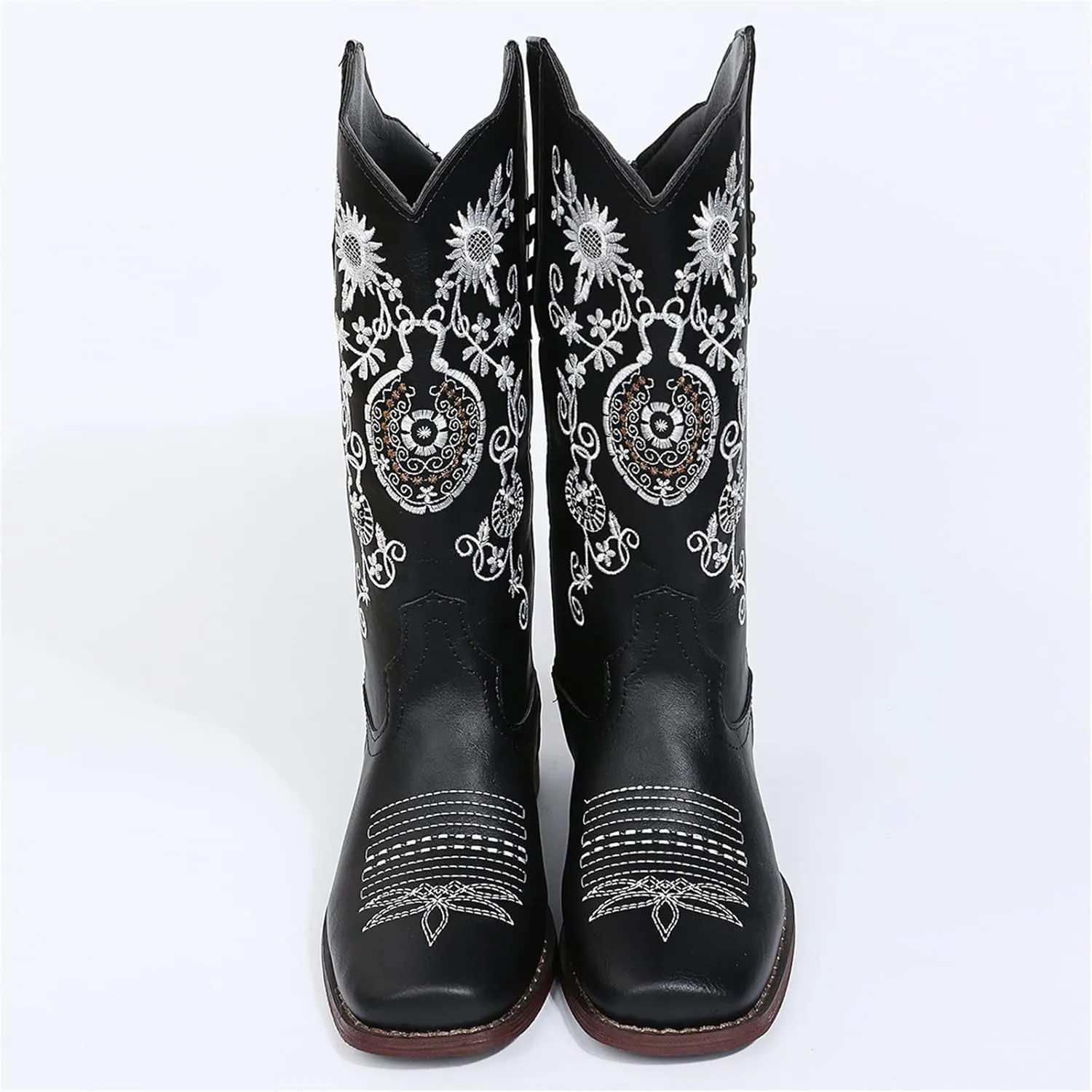 Ladmiple Cowboy Boots For Women Mid Calf Wide Width Pointed Toe Chunky Heel Cowgirl Embroidered Western Knee High Boots