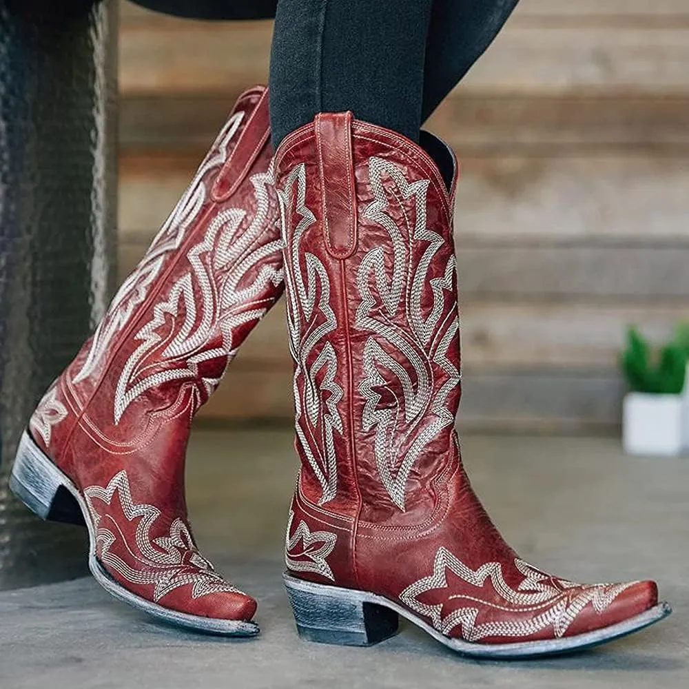 Ladmiple Cowboy Boots For Women Wide Calf Low Heel Knee High Seam Block Heel Pointed Toe Fashion Cowgirl Boots Slip-On